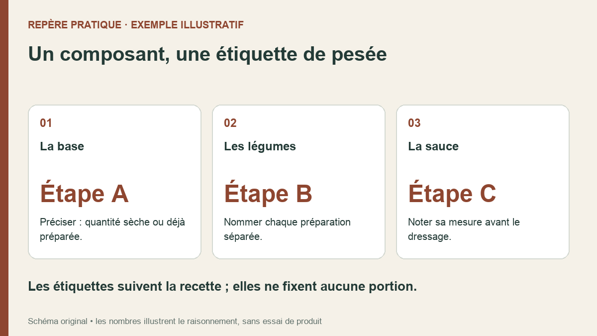 Préparer un bol composé : séparer les pesées et les étapes de la recette Organisation de trois composants du bol : base avec son état, légumes préparés séparément et sauce à mesurer avant dressage.
