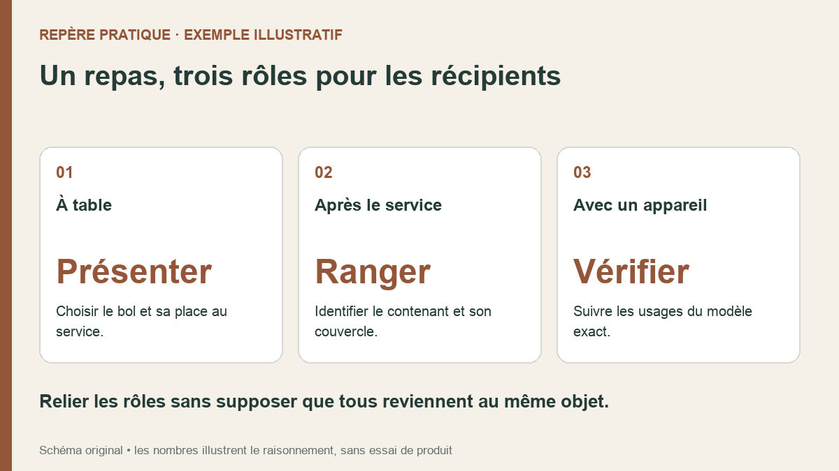 Bol de service et boîte à chauffer : deux fonctions à ne pas confondre Schéma original montrant trois rôles distincts : présenter le repas, prévoir son contenant de rangement et vérifier le récipient destiné à un appareil.